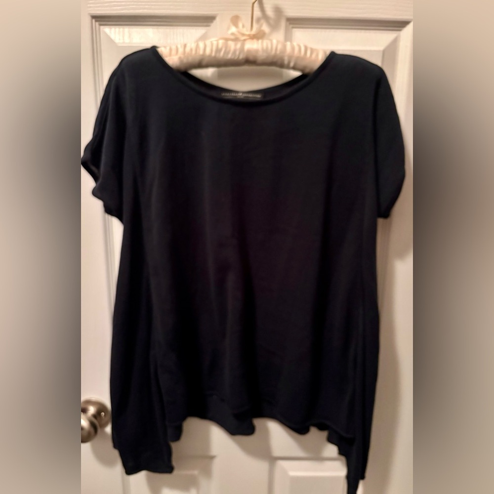 Peruvian Connection Navy Blue Asymmetrical Short Sleeve Sweater